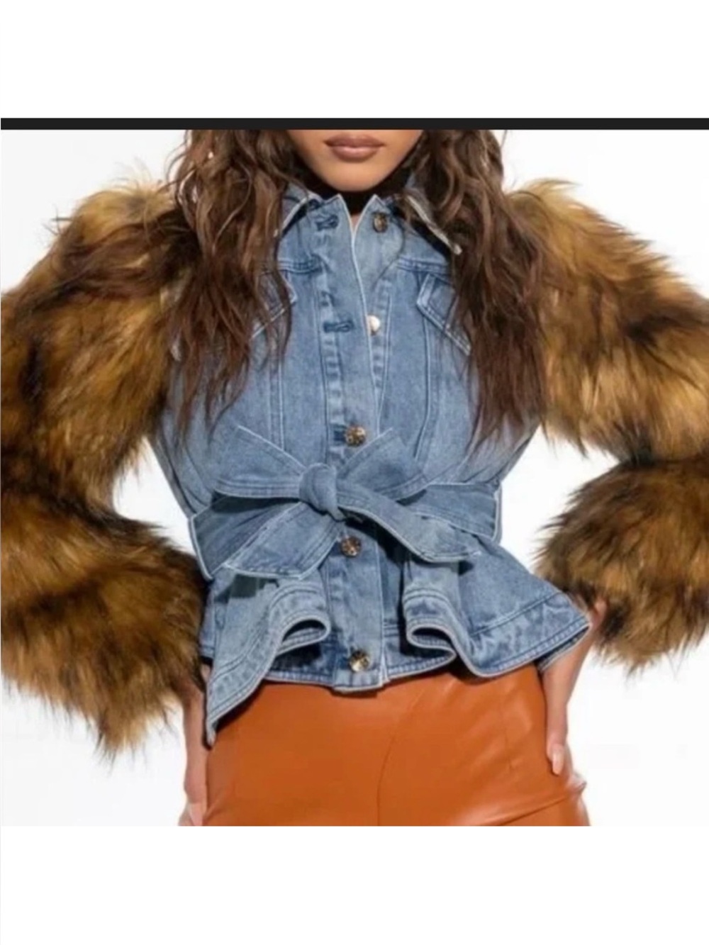 Denim Jacket with Faux Fur Sleeves